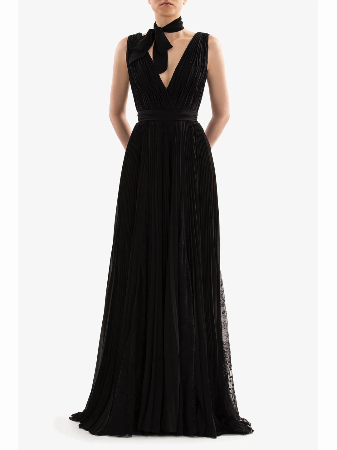 JET BLACK PLEATED CREPE GEORGETTE DRESS