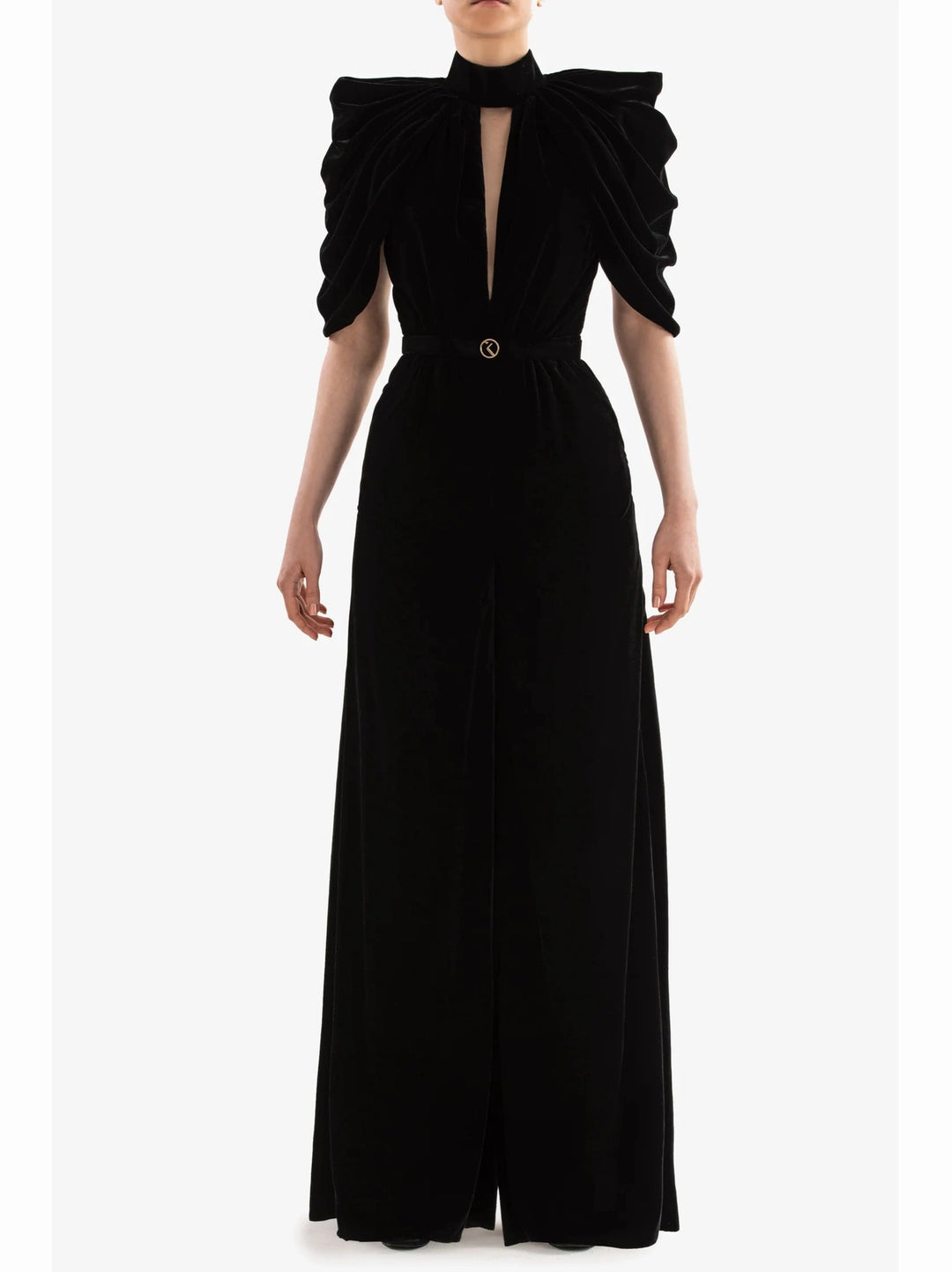 Velvet Jumpsuit With Pleated Sleeves