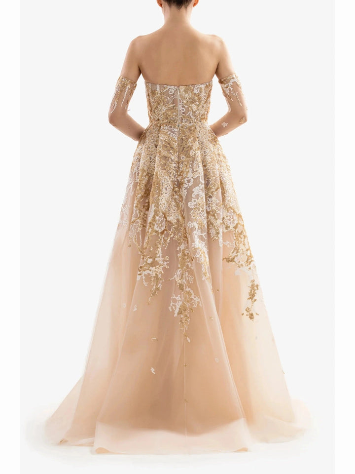 Strapless Embroidered Dress With Overskirt