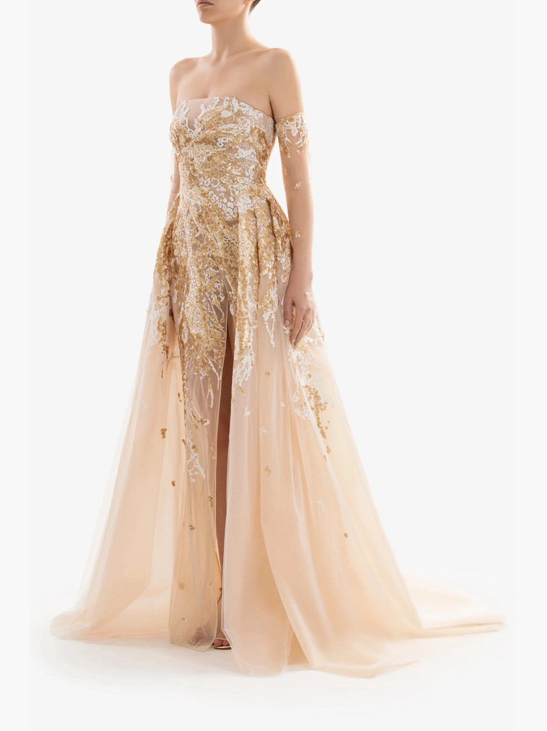 Strapless Embroidered Dress With Overskirt