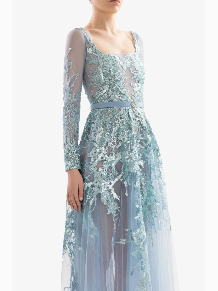 BLUE EMEBROIDERED DRSS