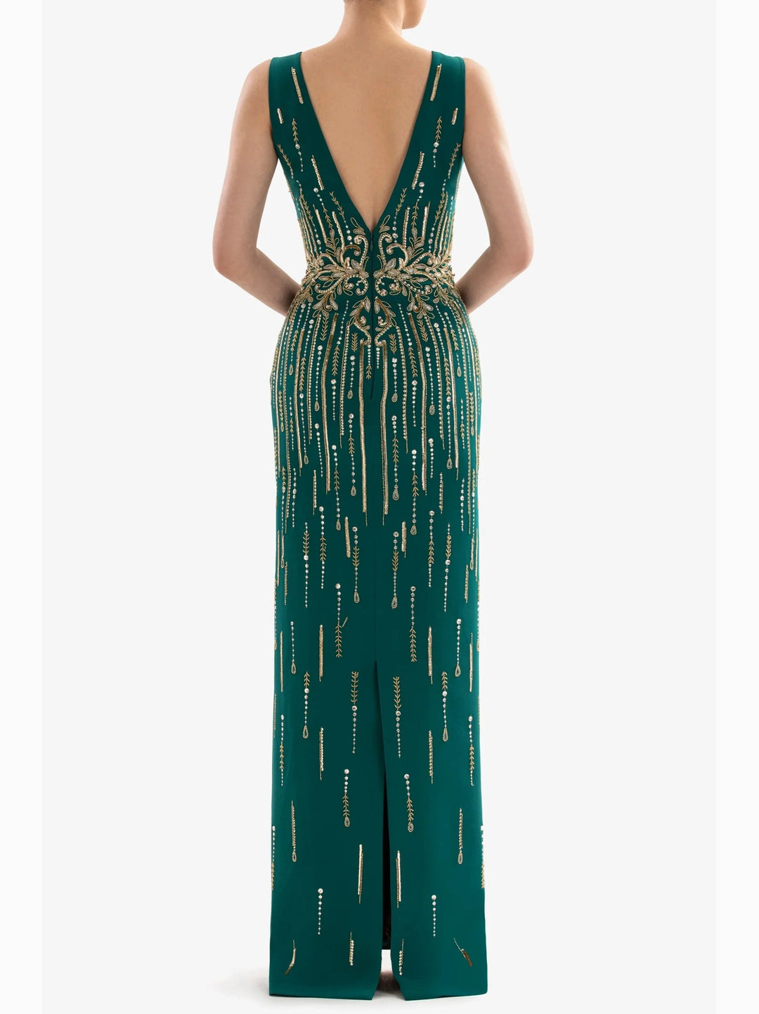 EMERALD DRESS WITH INTRICAT GOLD BEADWORK