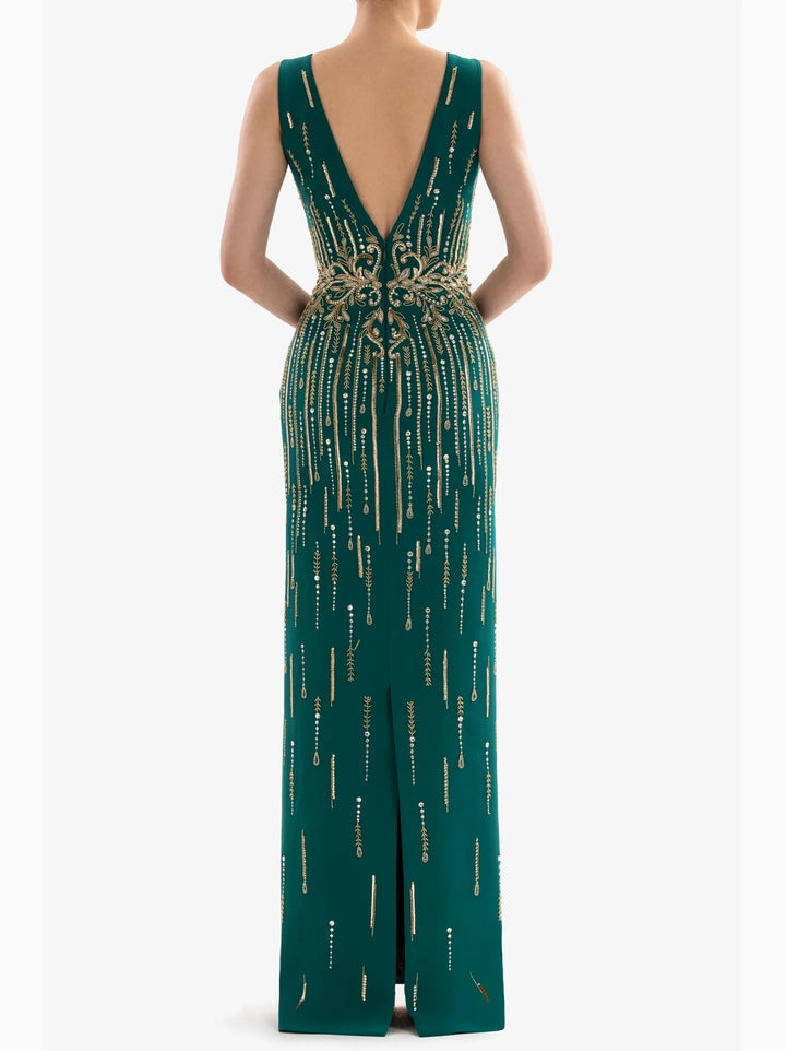 EMERALD DRESS WITH INTRICAT GOLD BEADWORK