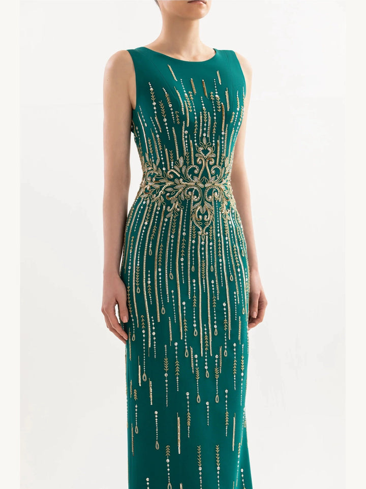 EMERALD DRESS WITH INTRICAT GOLD BEADWORK