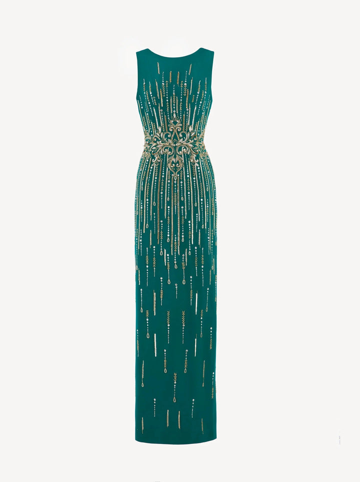 EMERALD DRESS WITH INTRICAT GOLD BEADWORK