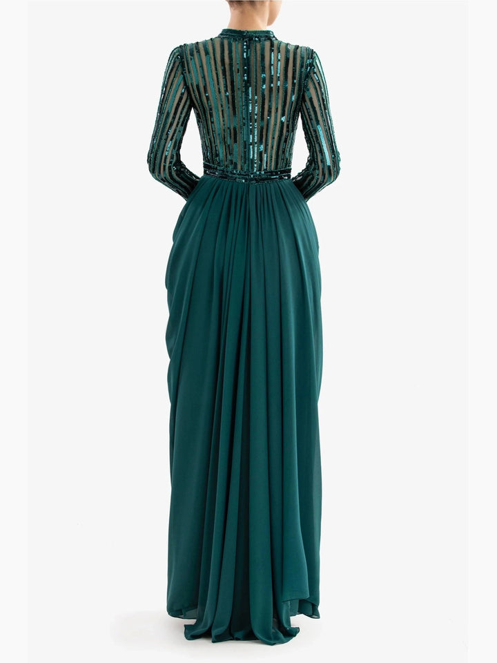 GREEN DRAPED DRESS WITH LONG SLEEVES