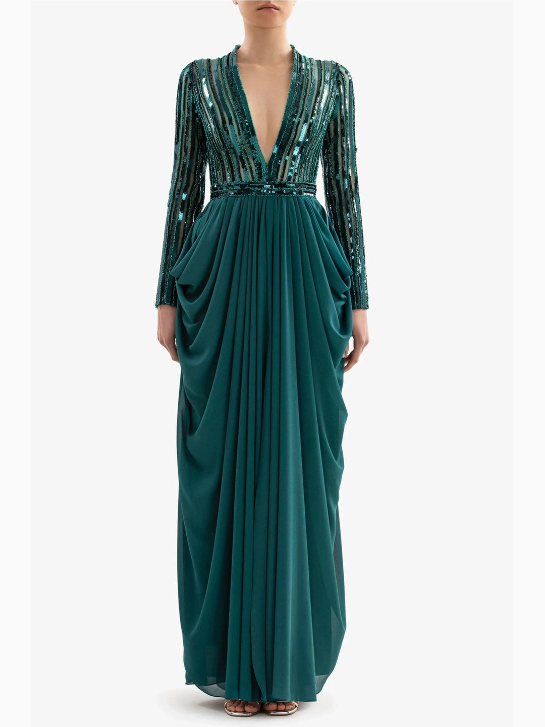 GREEN DRAPED DRESS WITH LONG SLEEVES