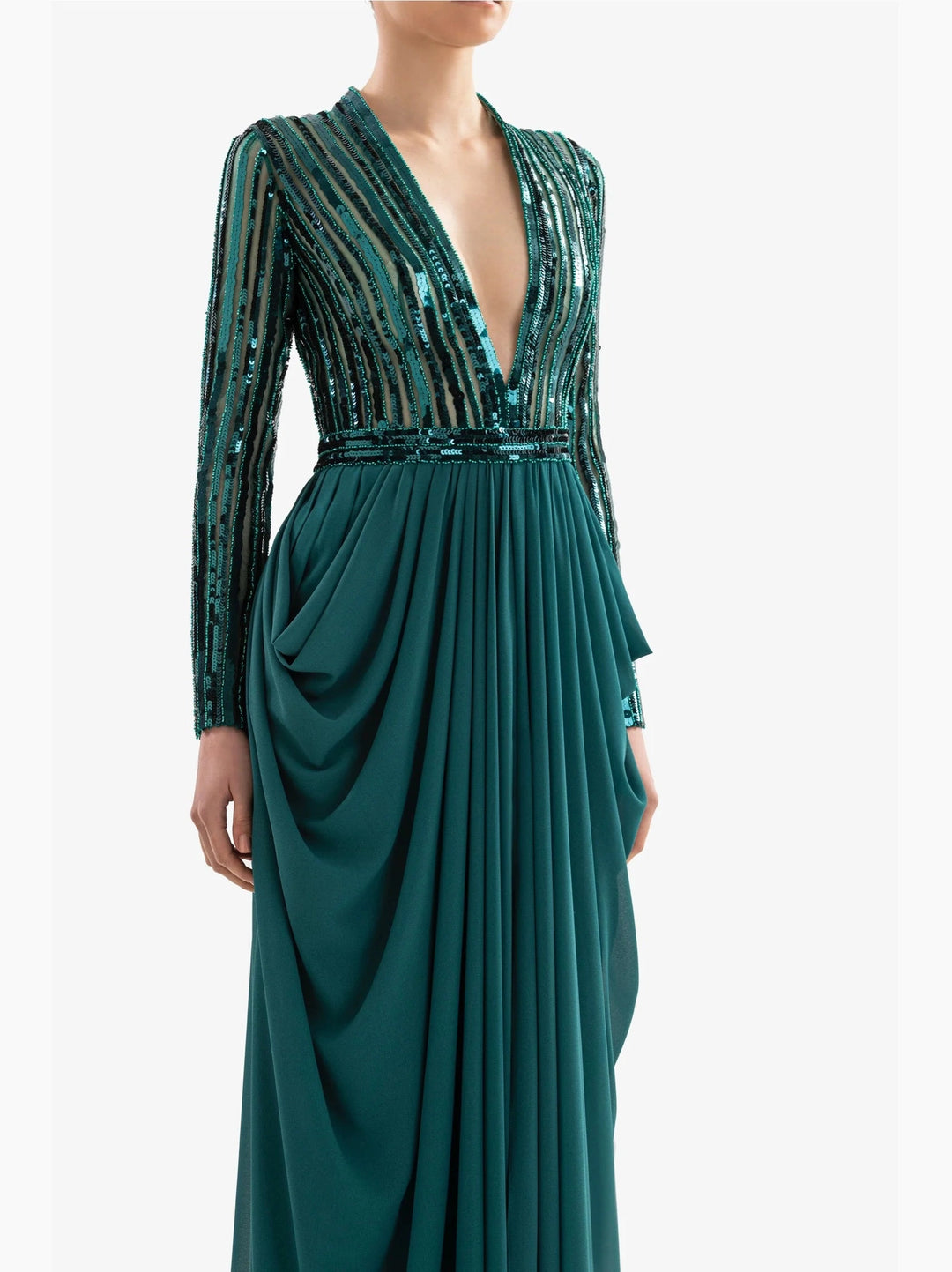 GREEN DRAPED DRESS WITH LONG SLEEVES