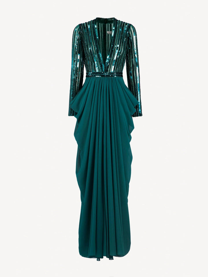 GREEN DRAPED DRESS WITH LONG SLEEVES