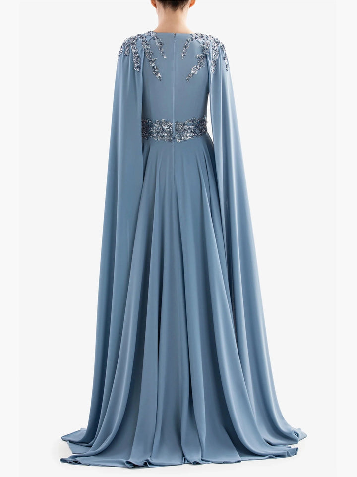 BLUE CREPE DRESS WITH CAPE