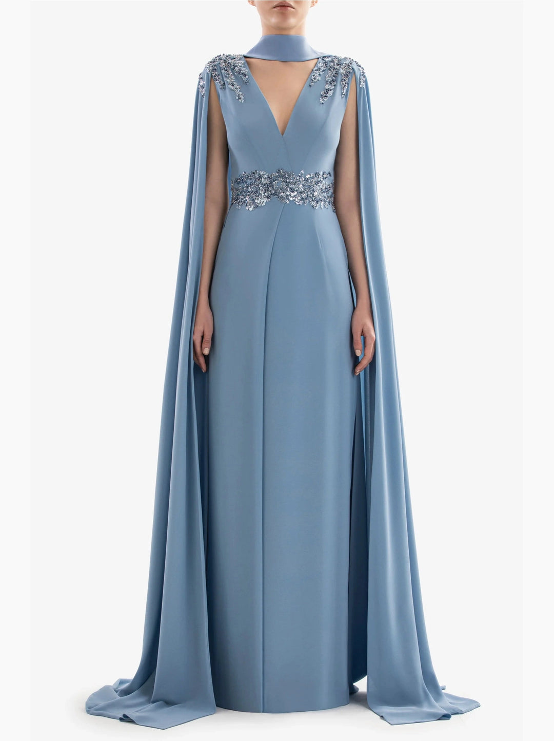 BLUE CREPE DRESS WITH CAPE