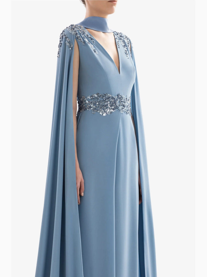 BLUE CREPE DRESS WITH CAPE