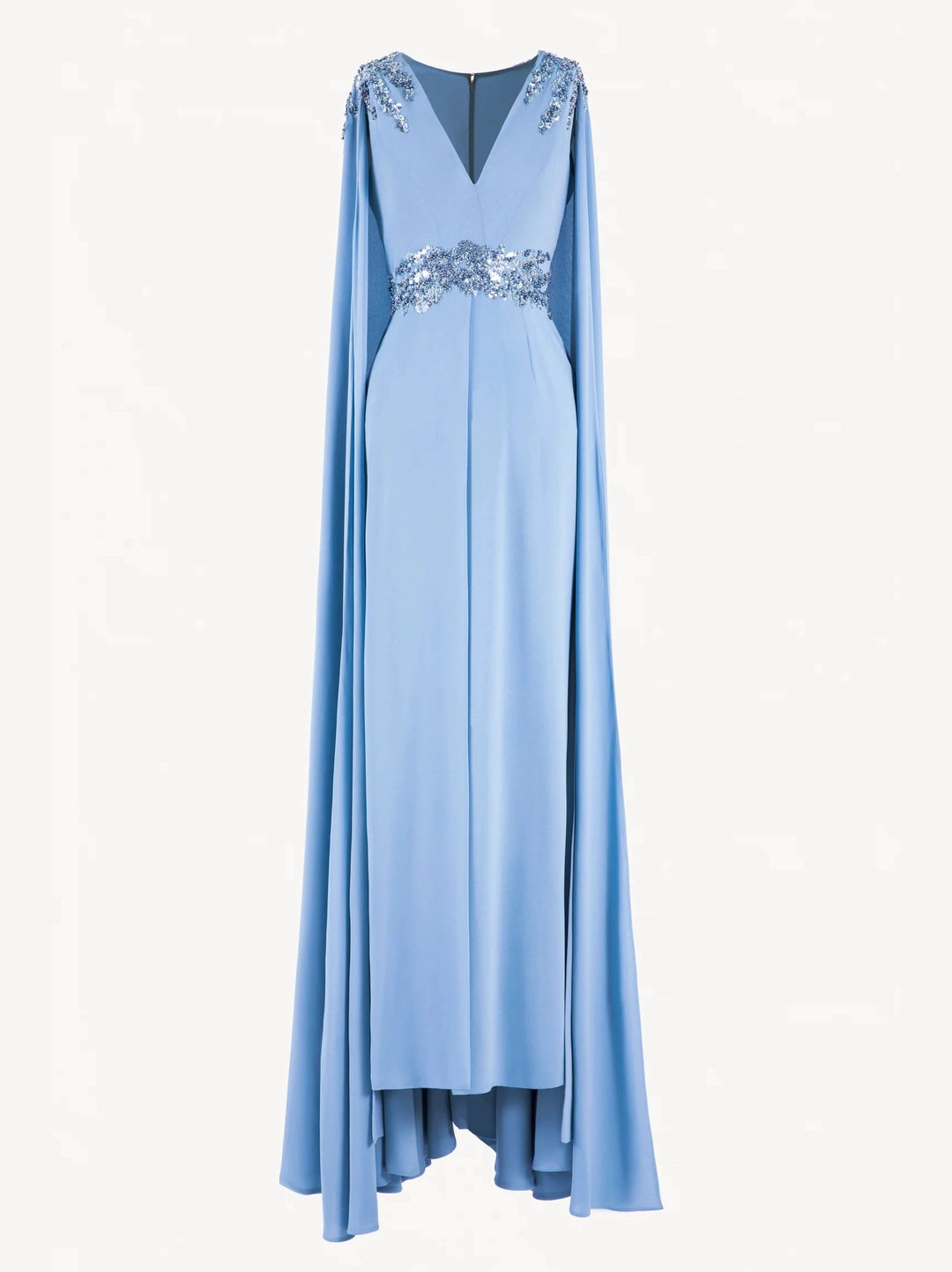 BLUE CREPE DRESS WITH CAPE