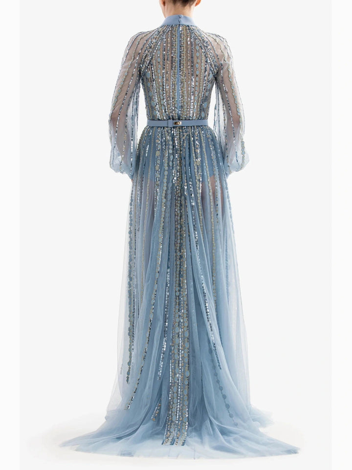 BLUE LONG EMBROIDERED DRESS