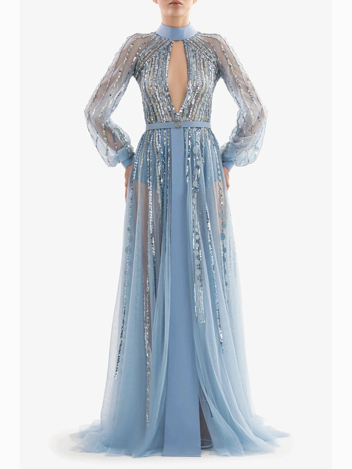 BLUE LONG EMBROIDERED DRESS