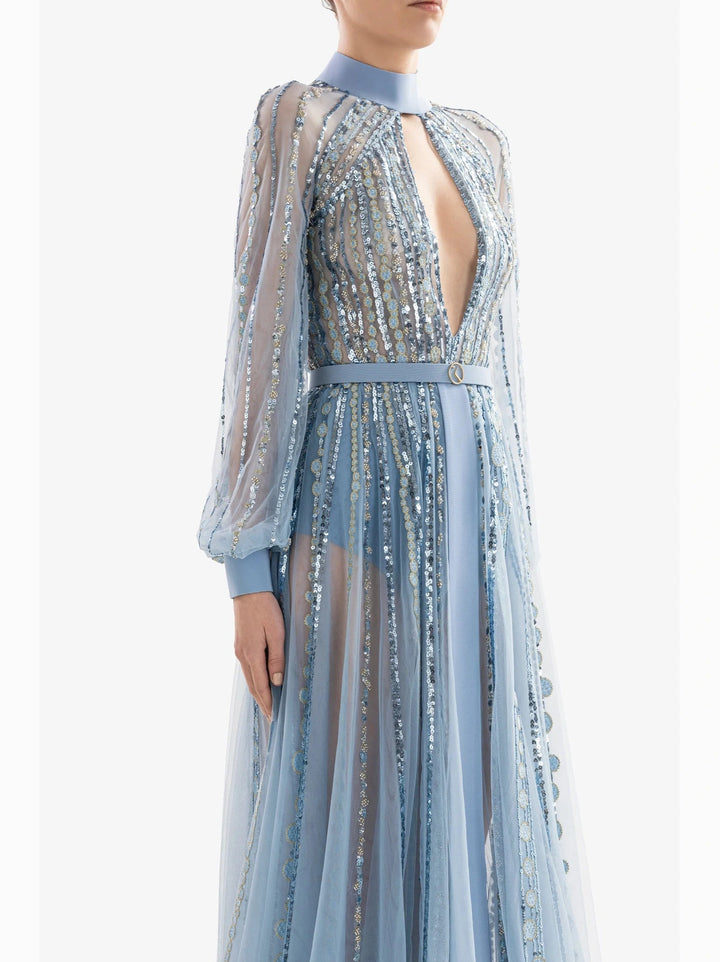 BLUE LONG EMBROIDERED DRESS