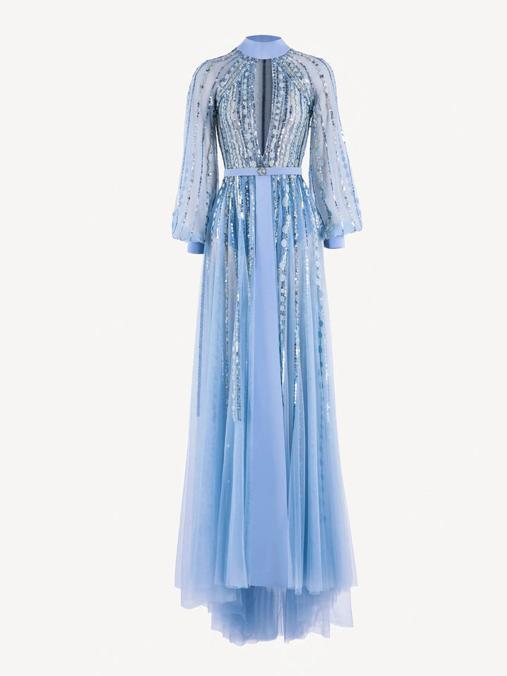 BLUE LONG EMBROIDERED DRESS
