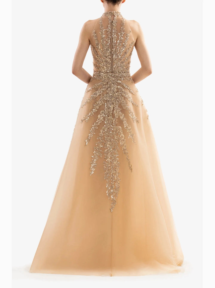 GOLD BEADED LONG DRESS WITH HALTER NECK