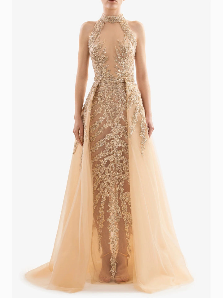 GOLD BEADED LONG DRESS WITH HALTER NECK
