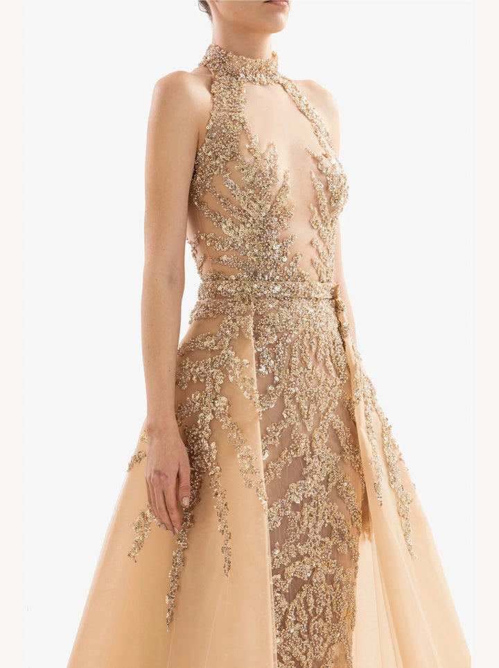 GOLD BEADED LONG DRESS WITH HALTER NECK