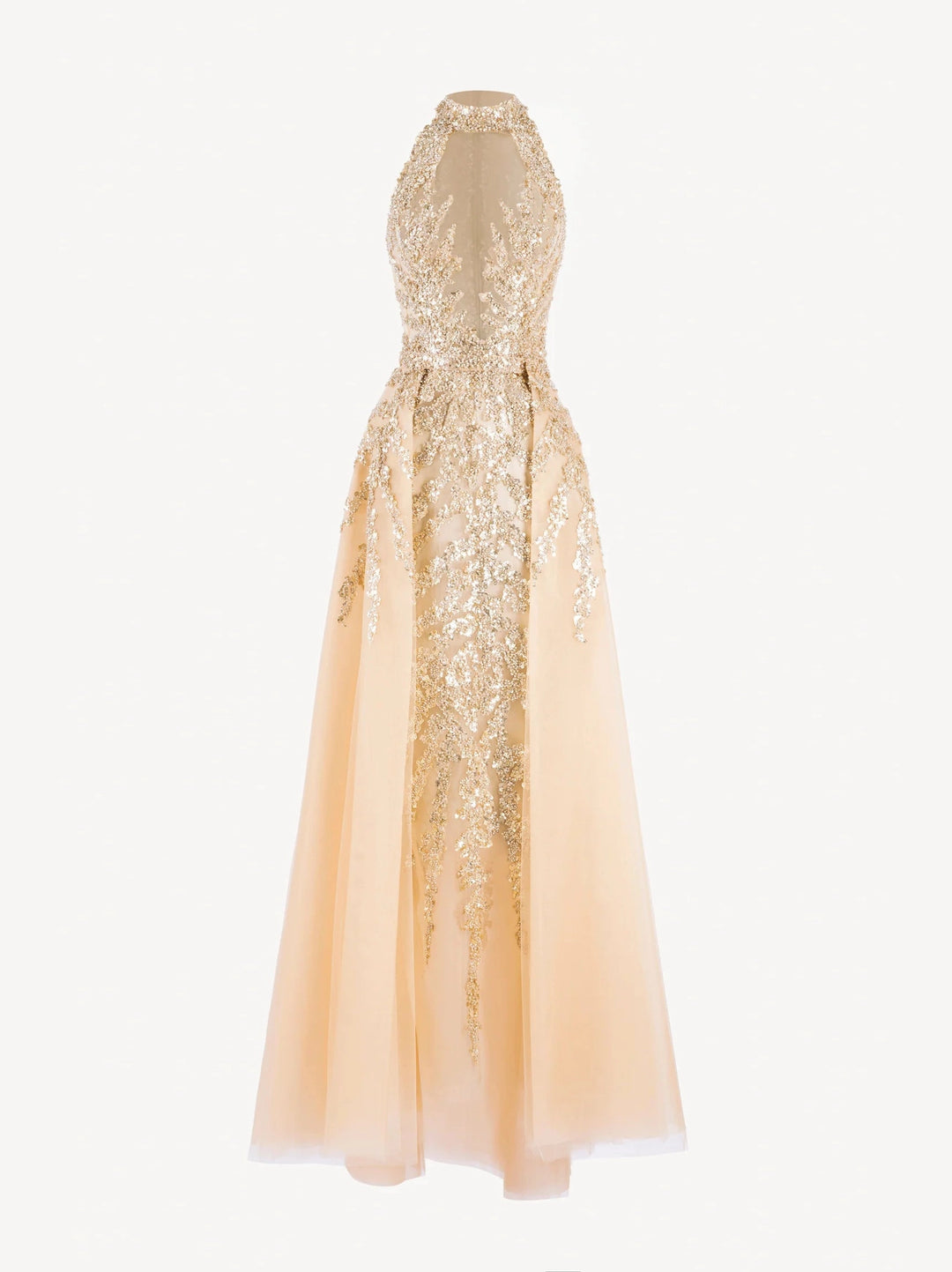 GOLD BEADED LONG DRESS WITH HALTER NECK