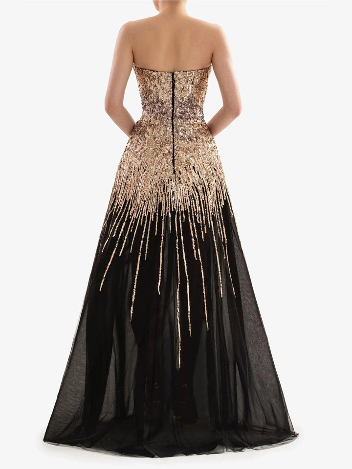 GOLD STRAPLESS DTRESS WITH A-LING CUT DRESS