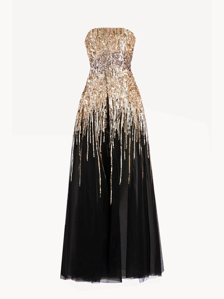 GOLD STRAPLESS DTRESS WITH A-LING CUT DRESS