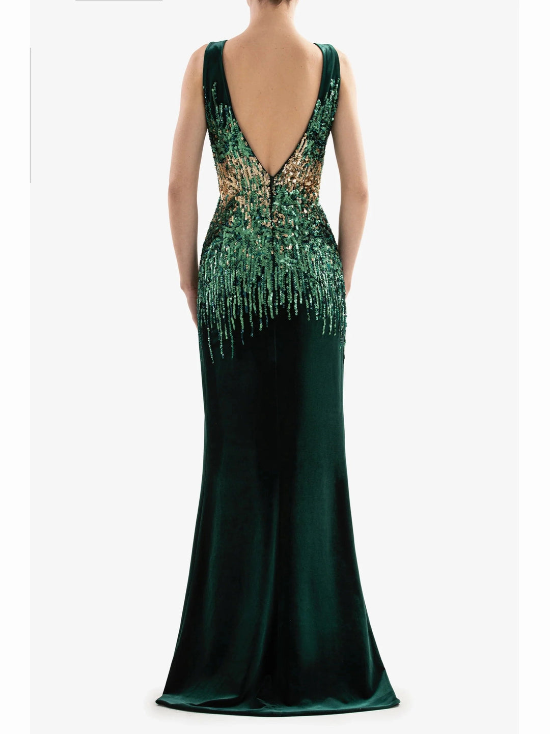 GREEN LONG FITTED VELVET DRESS
