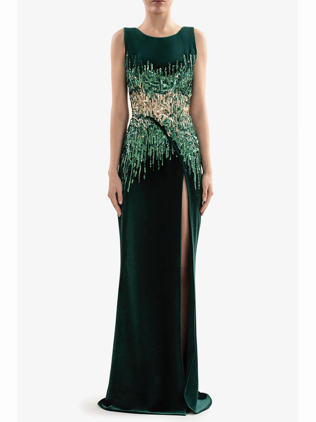 GREEN LONG FITTED VELVET DRESS