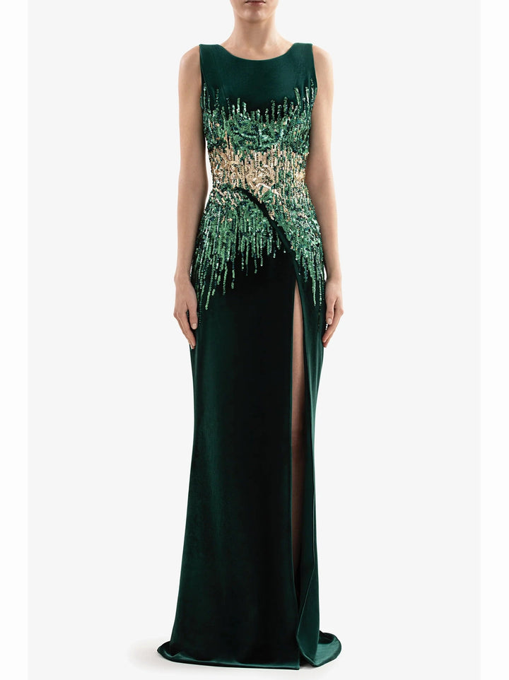 GREEN LONG FITTED VELVET DRESS