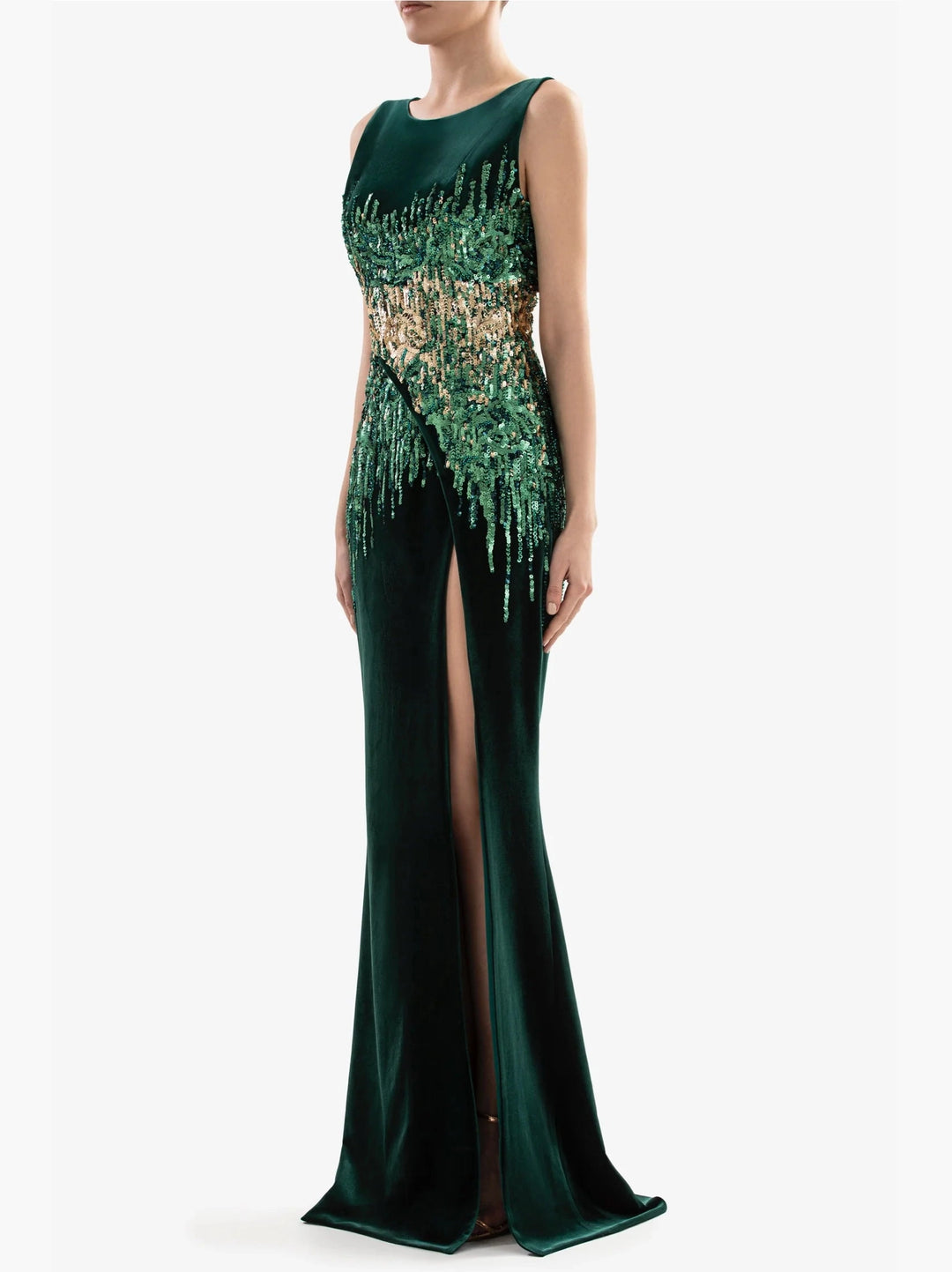 GREEN LONG FITTED VELVET DRESS