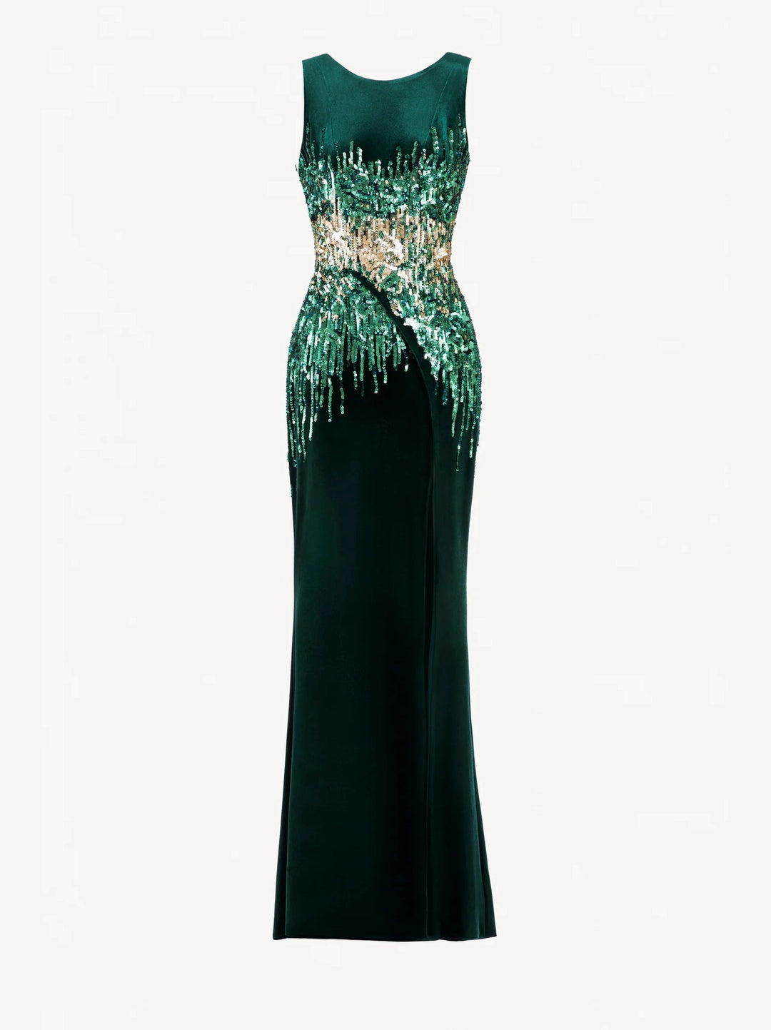 GREEN LONG FITTED VELVET DRESS