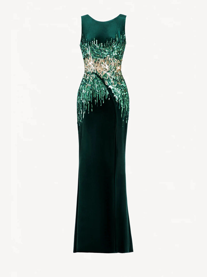 GREEN LONG FITTED VELVET DRESS