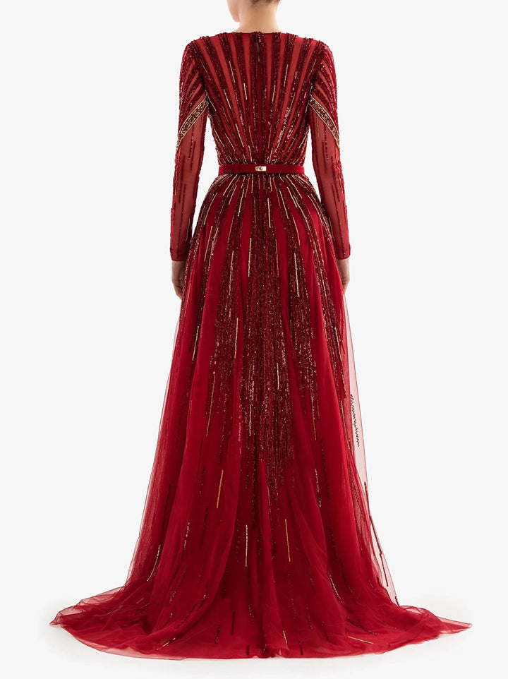 BURGANDY GOLD EMBROIDERED LONG DRESS