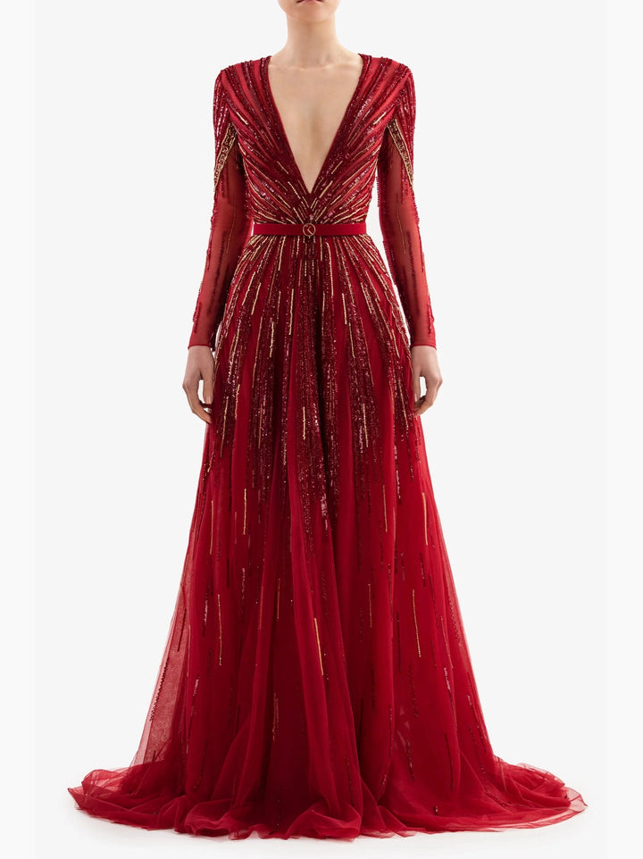 BURGANDY GOLD EMBROIDERED LONG DRESS