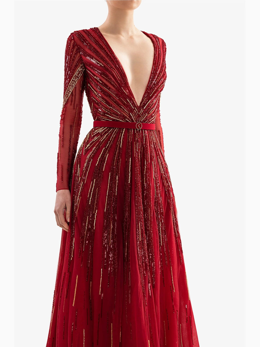 BURGANDY GOLD EMBROIDERED LONG DRESS