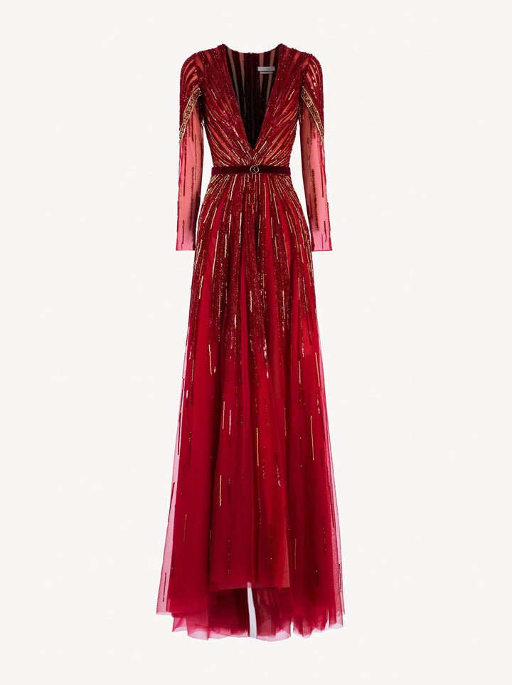 BURGANDY GOLD EMBROIDERED LONG DRESS