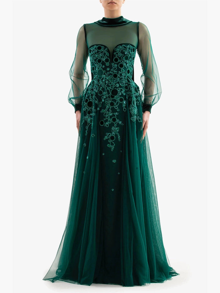 GREEN EMBROIDERED VELVET DRESS