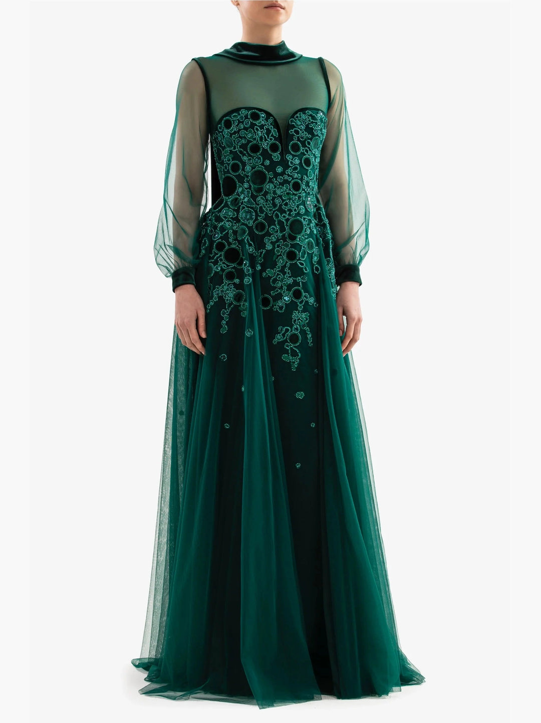GREEN EMBROIDERED VELVET DRESS
