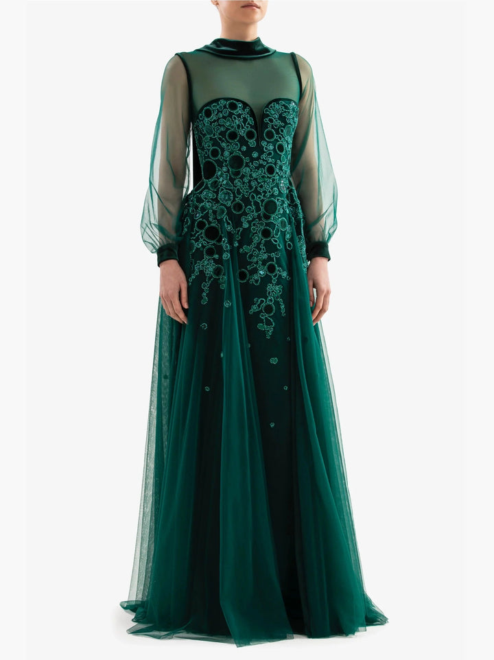 GREEN EMBROIDERED VELVET DRESS