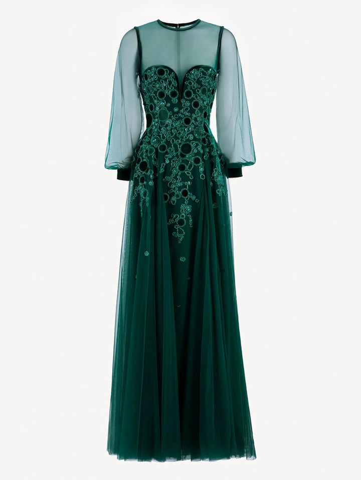 GREEN EMBROIDERED VELVET DRESS