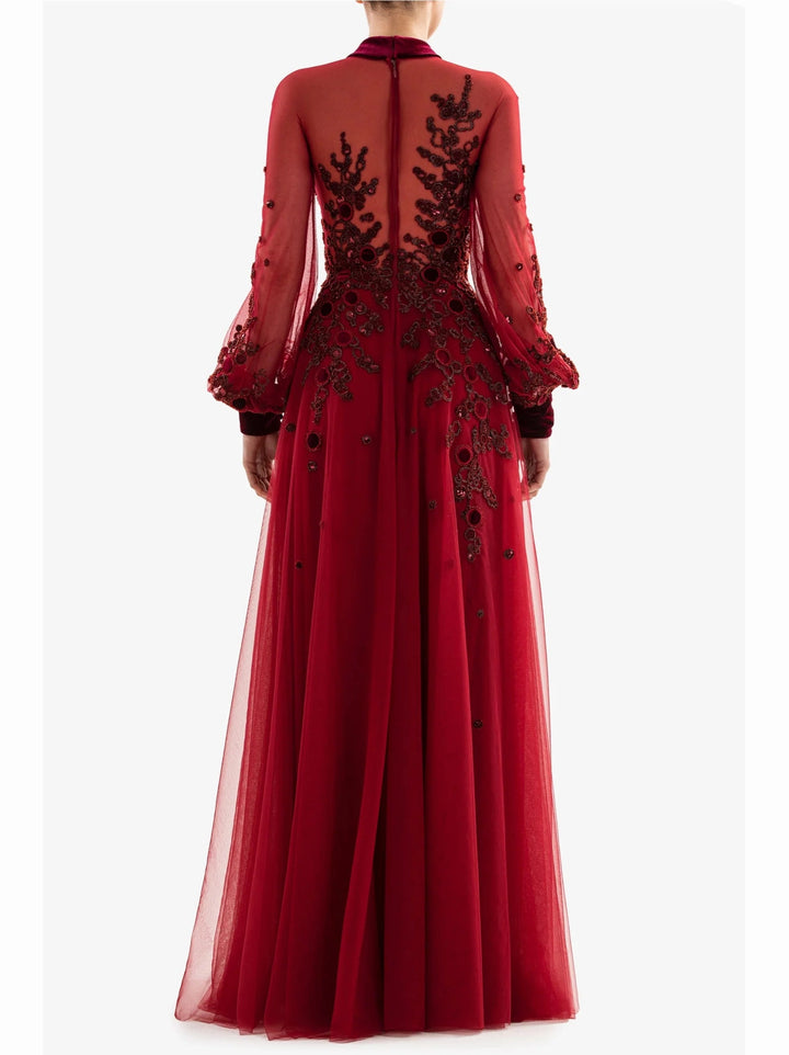 BURGUNDY EMBROIDERED VELVET CIRCLE DRESS