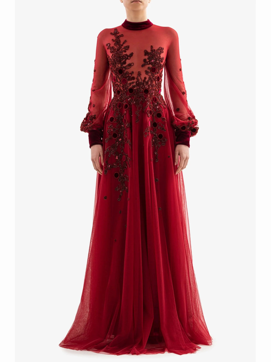 BURGUNDY EMBROIDERED VELVET CIRCLE DRESS