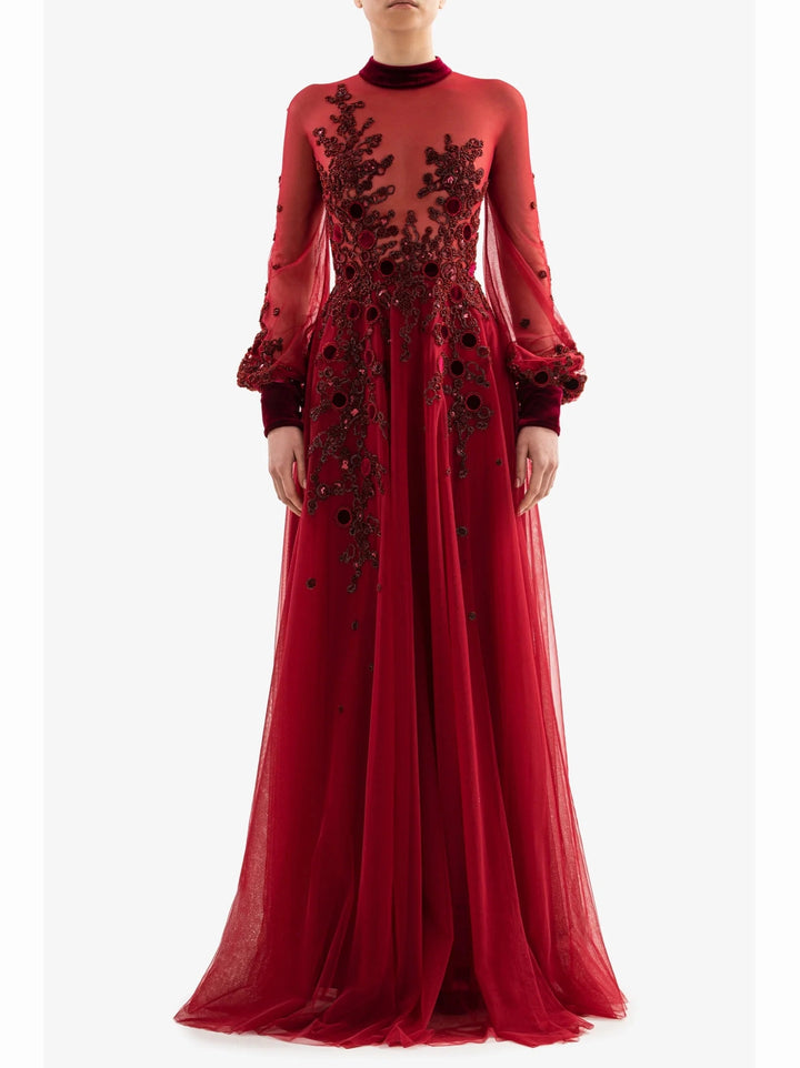 BURGUNDY EMBROIDERED VELVET CIRCLE DRESS