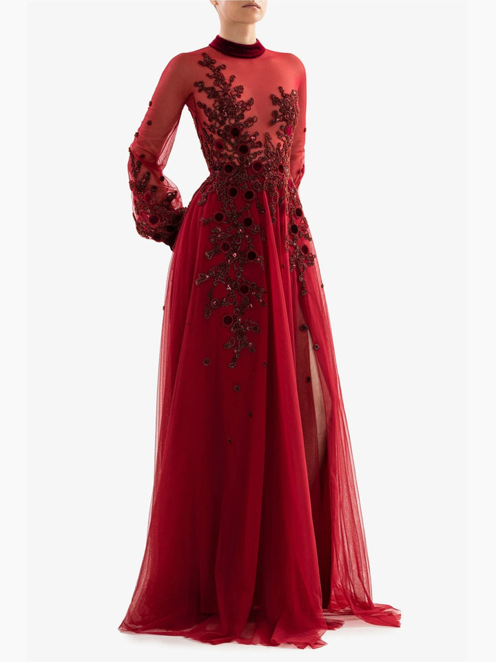 BURGUNDY EMBROIDERED VELVET CIRCLE DRESS