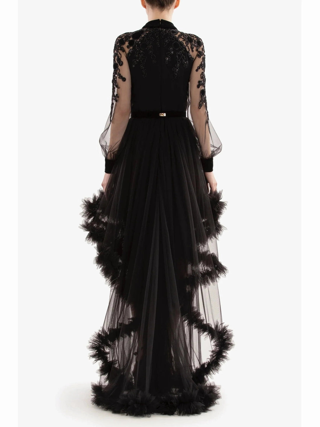 BLACK EMBROIDERED VELVET LONG DRESS