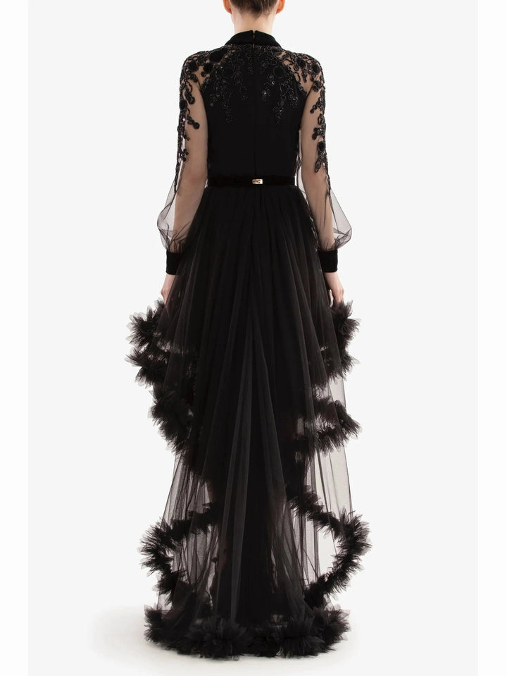 BLACK EMBROIDERED VELVET LONG DRESS