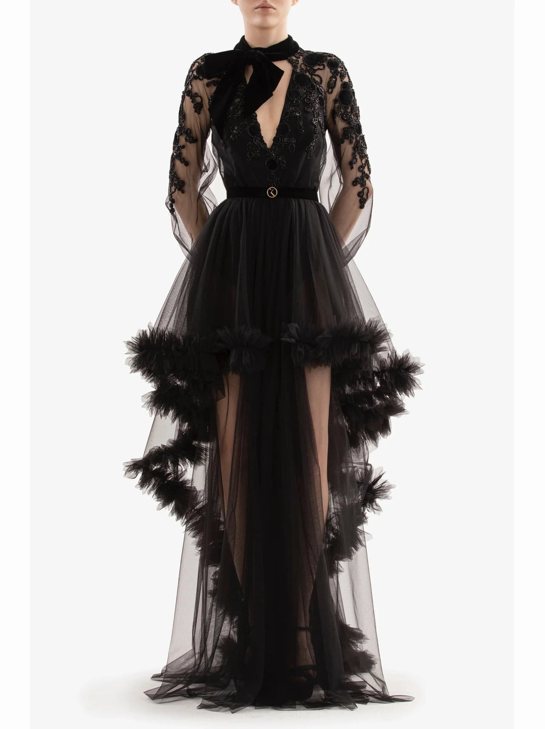 BLACK EMBROIDERED VELVET LONG DRESS