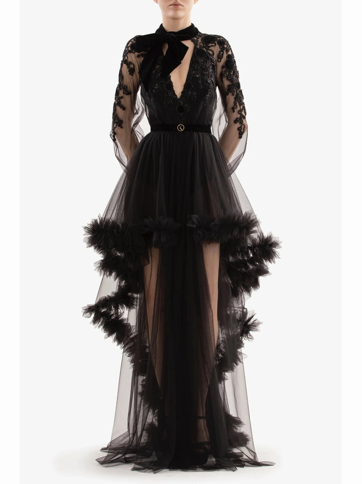 BLACK EMBROIDERED VELVET LONG DRESS