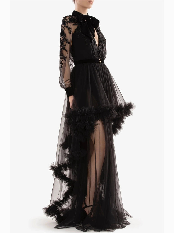 BLACK EMBROIDERED VELVET LONG DRESS